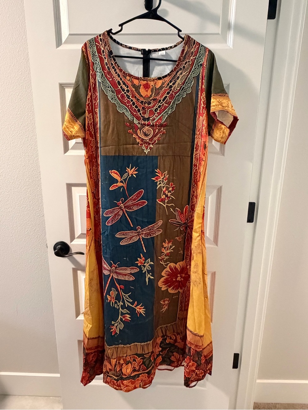 Boho Dragonfly Print Maxi Dress in Olive, Teal & Mustard